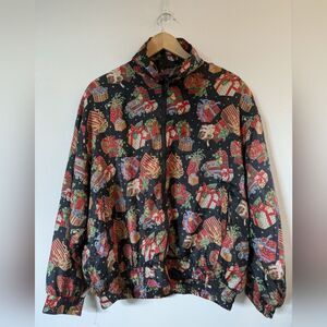 Vintage 100% Silk 90s Windbreaker Ugly Christmas Holiday Sweater Bomber 1X